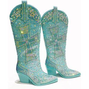 Women's Blue Fashion Rhinestone Cross Western Knee-High Cowboy Boots